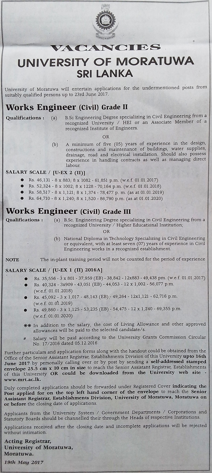 Works Engineer (Civil) - University of Moratuwa